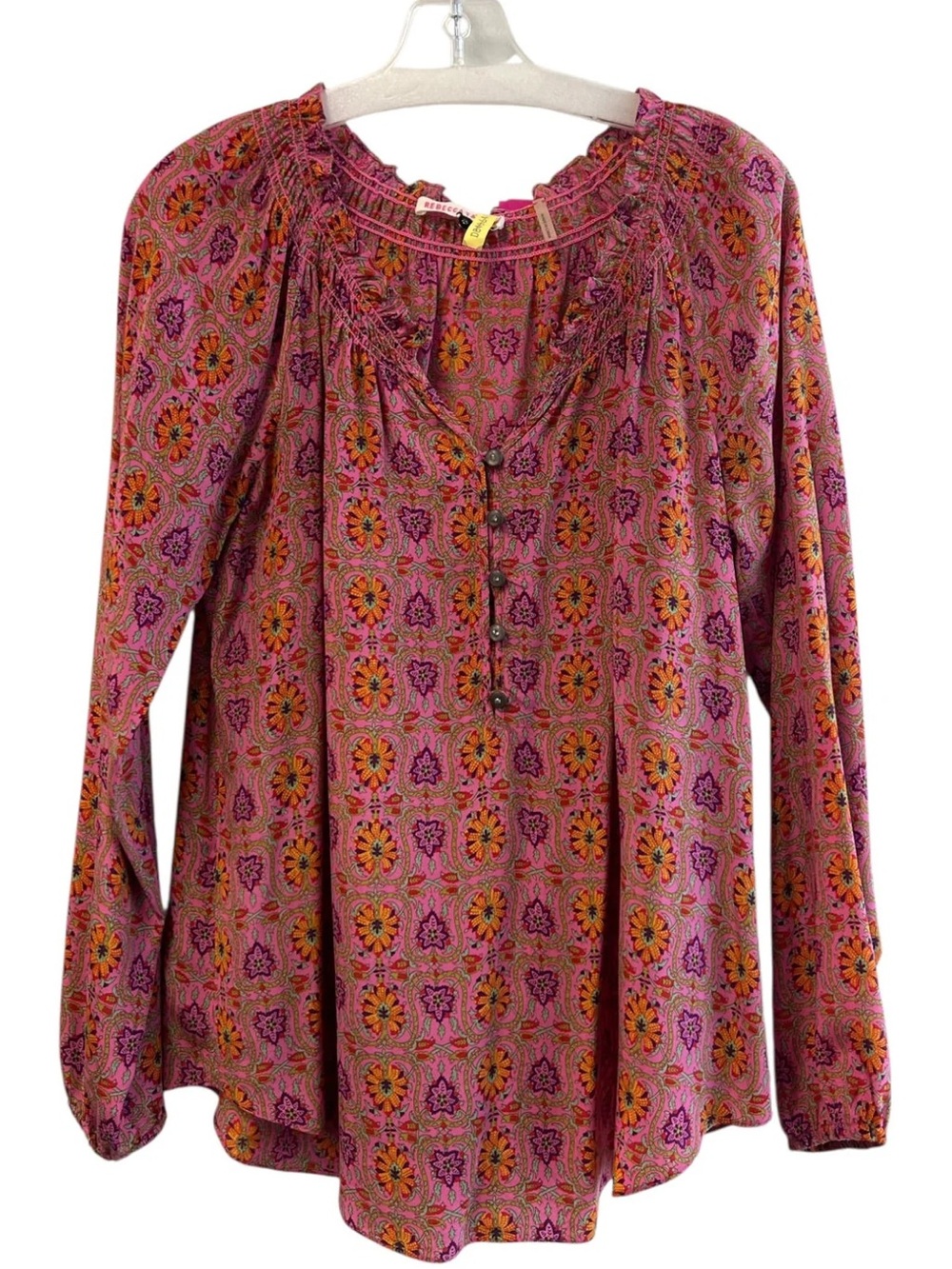 Rebecca Taylor Size 6 Pink & Multi Silk Long Sleeve Button Up Floral Paisley Top